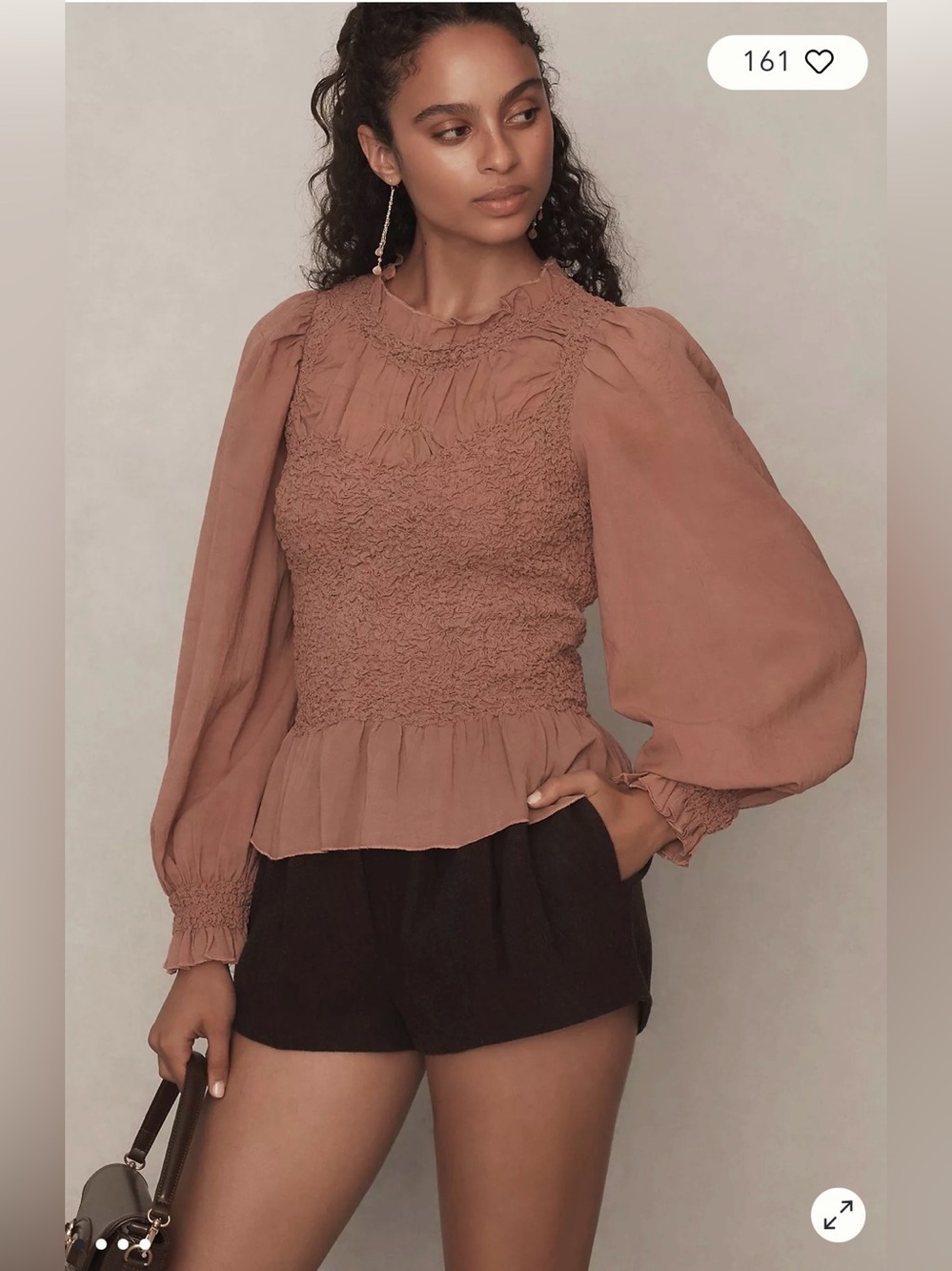BY ANTHROPOLOGIE Balloon-Sleeve Smocked Peplum Blouse Brown Size XS